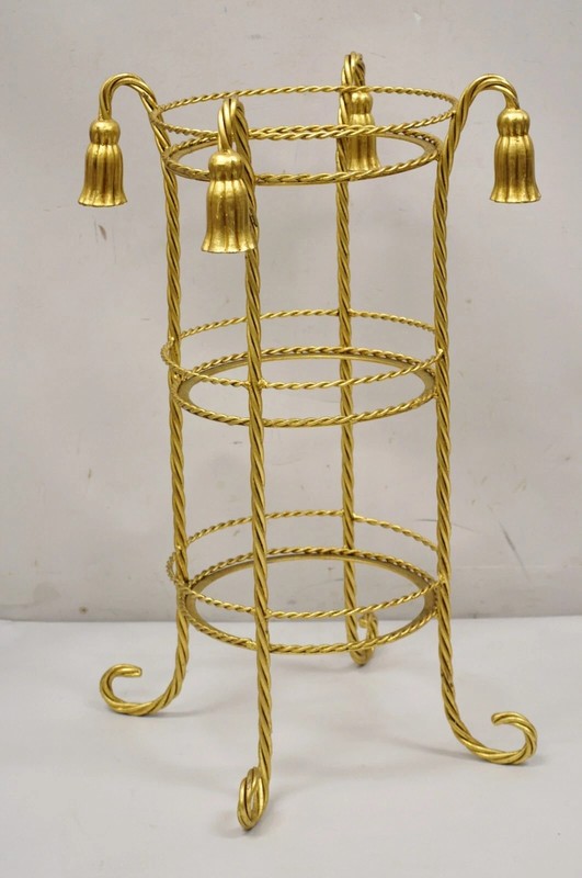 Vintage Italian Hollywood Regency 3 Tier Gold Iron Rope Tassel Stand Side Table gallery