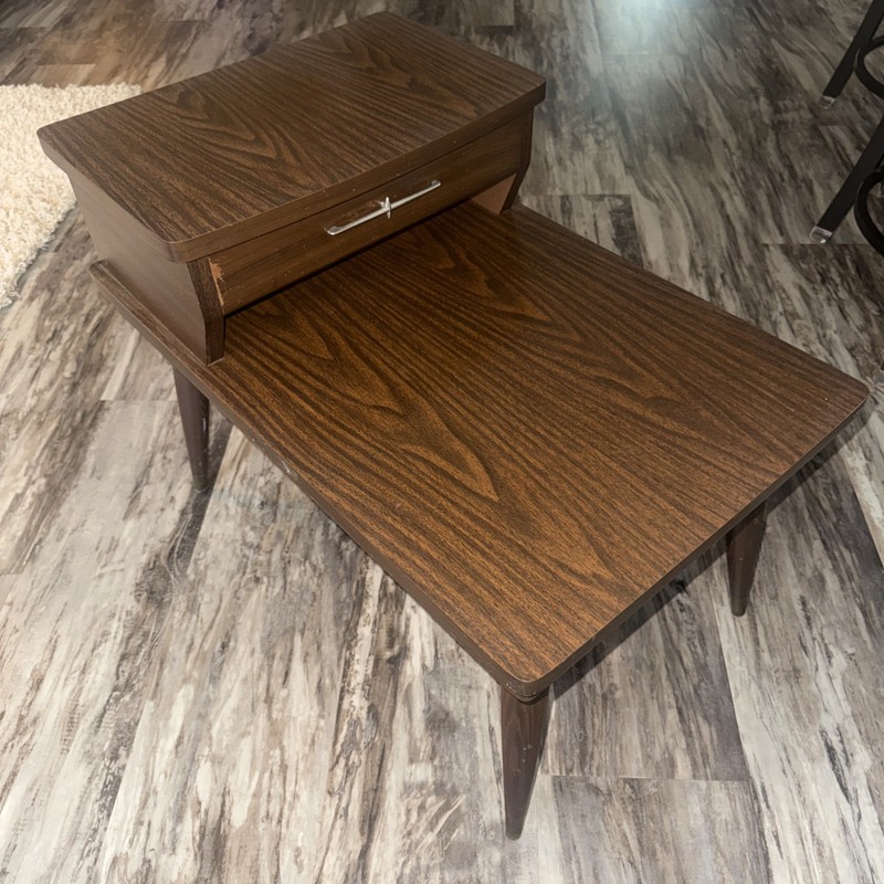 Vintage End Table Drawer 2 Tier Mid Century Modern Retro Brown Formica Read