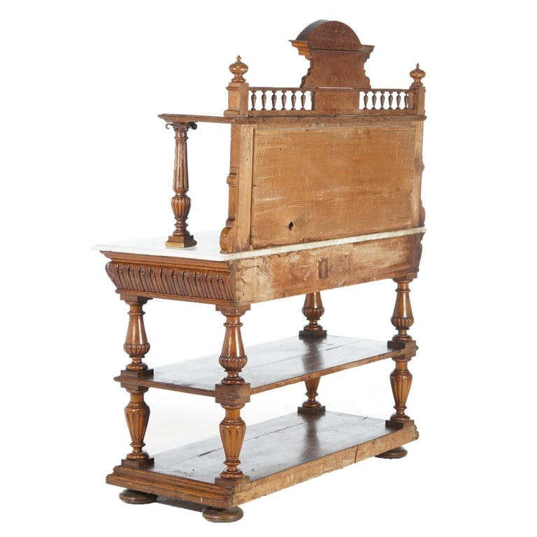 Antique Oak Marble Top Server with Mirrored Back Splash & Spindled Rail C1900 gallery