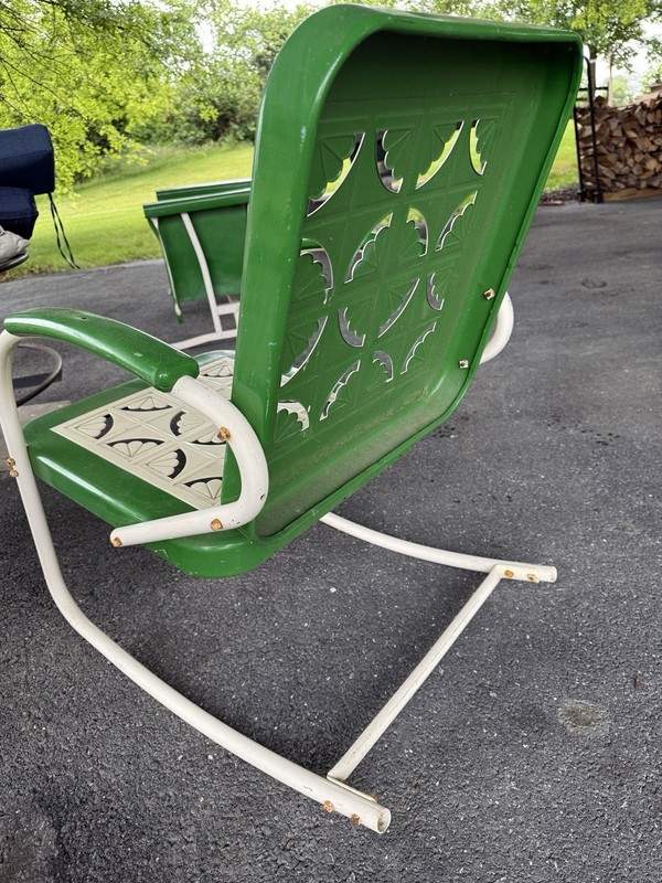 Vintage Metal Glider & Three Matching Chairs. Powder Coated In John Deere Green. gallery