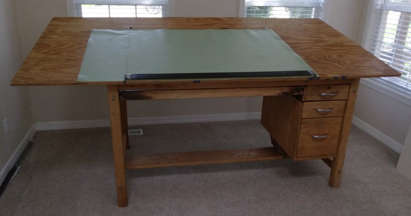 Vintage 'Mayline' 4-Post Oak Drafting/Drawing/Craft Table with 4 drawers gallery