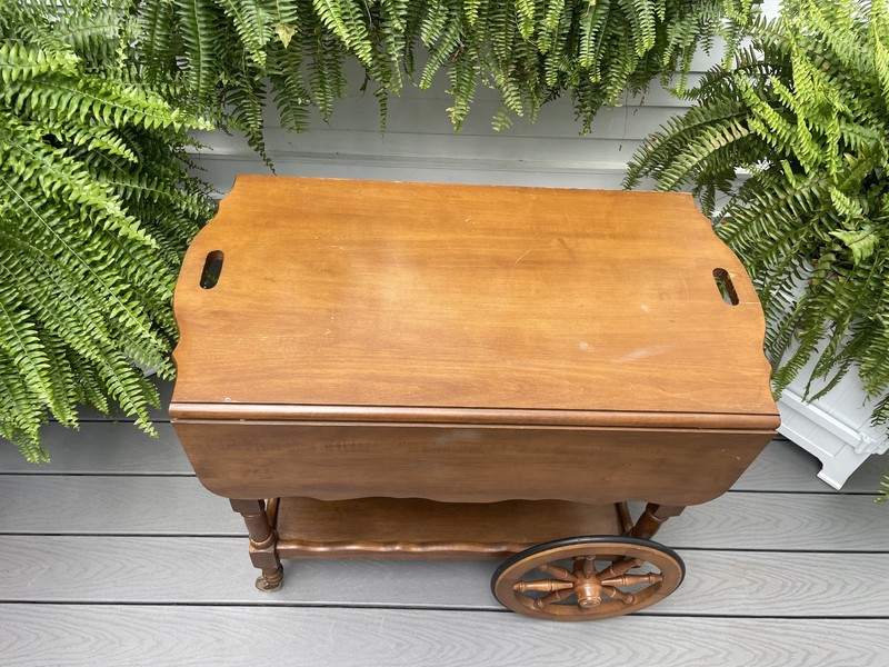 VTG ETHAN ALLEN MAPLE ROLLING TEA CART DROP LEAF SIDE END COFFEE TABLE W/ SHELF gallery