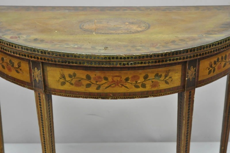 19th C. English Edwardian Polychrome Adams Painted Demilune Console Game Table gallery