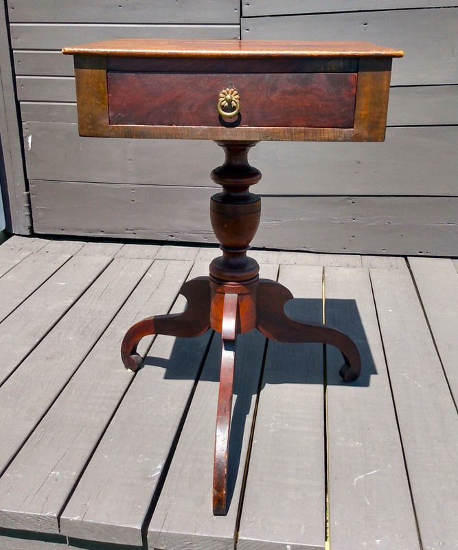 Antique Maple One Drawer Stand w 3 Splayed Scrolled Legs New England Style 1800s