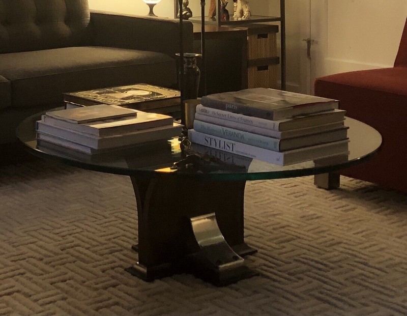 VINTAGE MID CENTURY ROUND TABLE, WALNUT AND CHROME VASE & GLASS TOP 50s 60s gallery