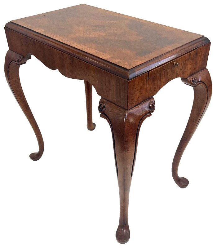 Vintage Walnut & Burl Banded Regency Style Side Table with Pull-Out Tray
