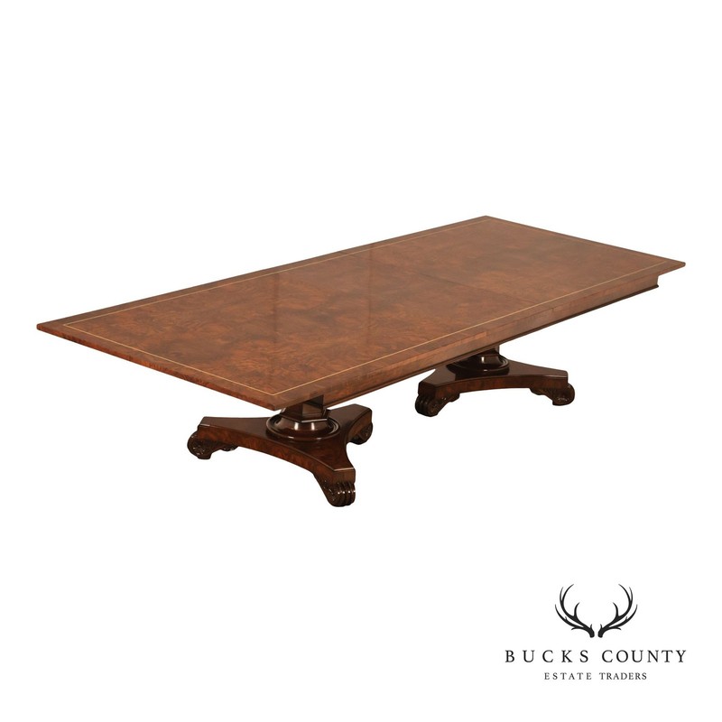 Custom Regency Style Burl Walnut Double Pedestal 12′ Dining Table