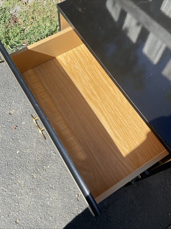 Postmodern 1980’s Side Bed Table Black Lacquer Laminate and Gold gallery