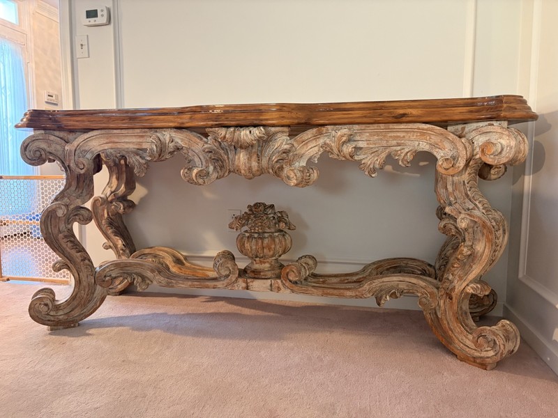 1950s Vintage Spanish Rococo Paint Decorated Carved Wood Console Table
