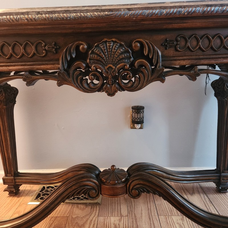 Antique Carved Wood Console Table w/ Marble Top Rococo Entryway Pickup gallery