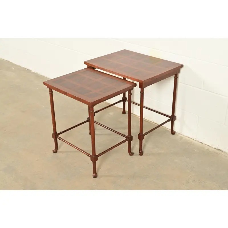 Baker Furniture English Regency Walnut Parquet Top Nesting Tables, Pair