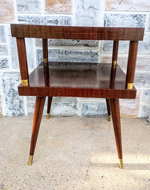 Vintage Mid Century 2 Tier Woodgrain Laminate End Side Table Tapered Legs gallery