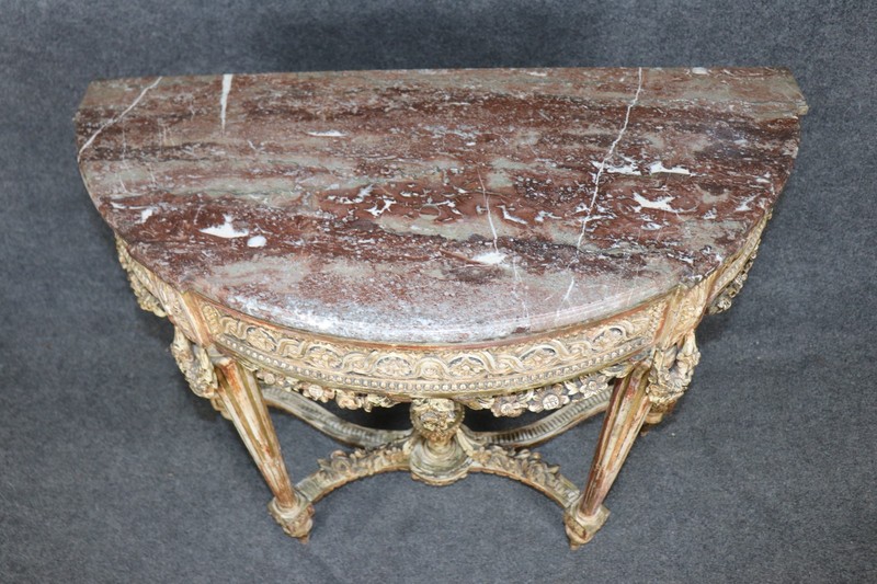 19th Century French Louis XVI Style Distressed Demilune Marble Top Console Table gallery