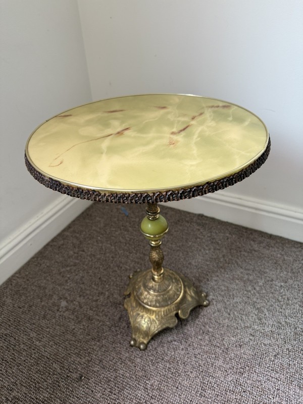 Faux Onyx Rococo Style Round Faux Green Marble Occasional Brass Wine Plant Table