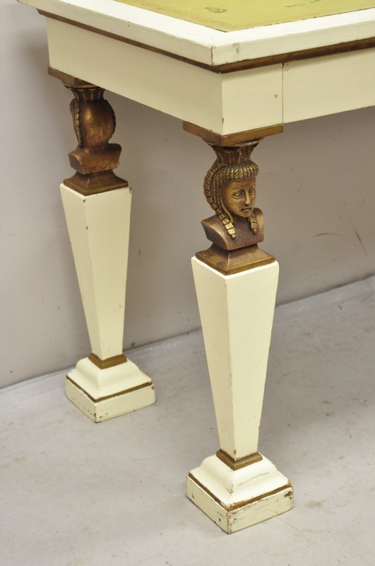 Antique Egyptian Revival Style Green Leather Top Figural 3 Drawer Console Table gallery