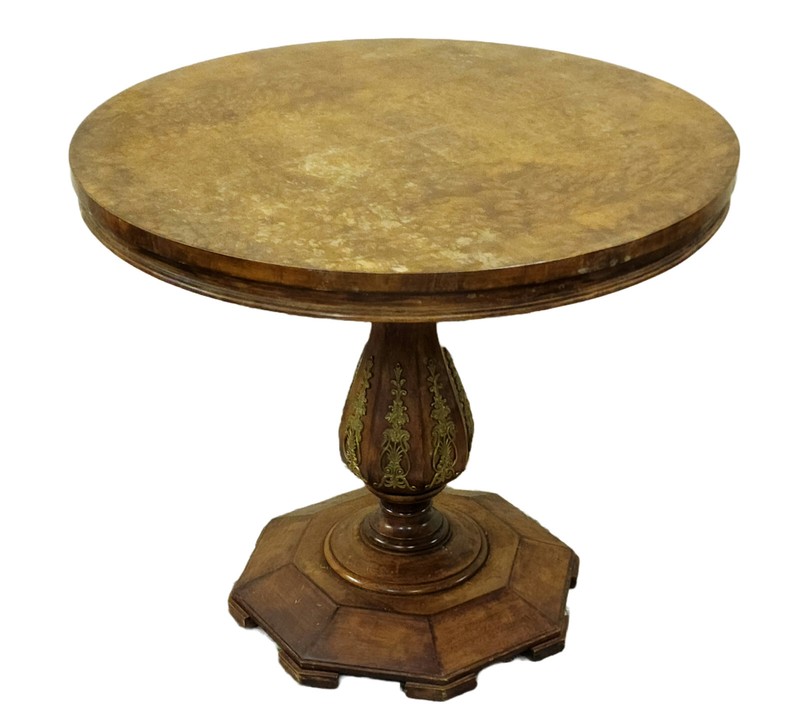 Antique Early 20c Empire Revival Style Burl and Gild Metal Parlor Table