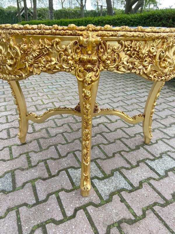 Table Italian Baroque Gold Carved Base with Original Black Marble Top Vintage gallery