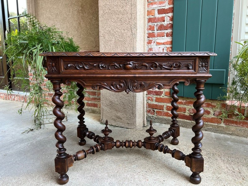 Antique French Sofa Table Writing Desk Barley Twist Carved Renaissance Tapestry gallery