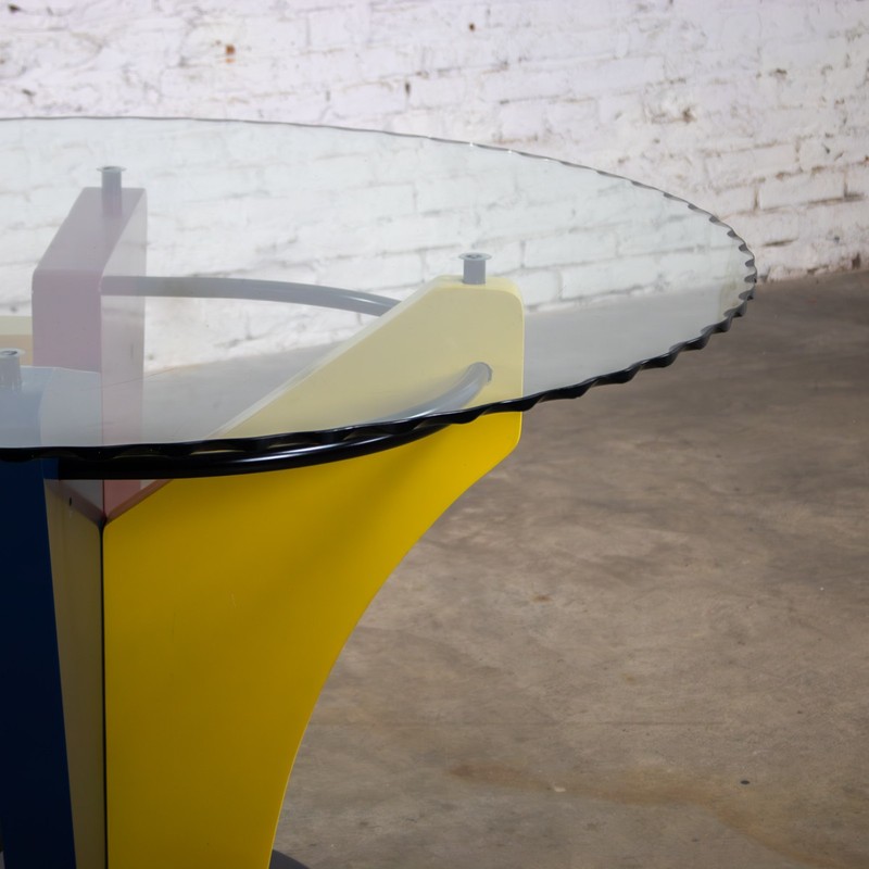 Postmodern Dining Table Geometrical Base Round & Glass Top Style Memphis Group gallery