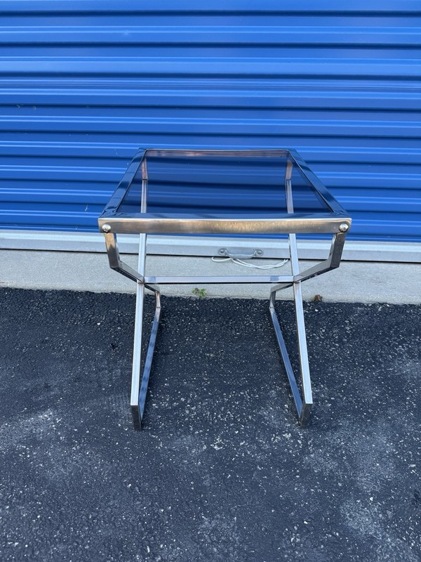 Vintage Mid Century Modern Chrome Side Table Smoked Glass Z-Base End Table 70s gallery