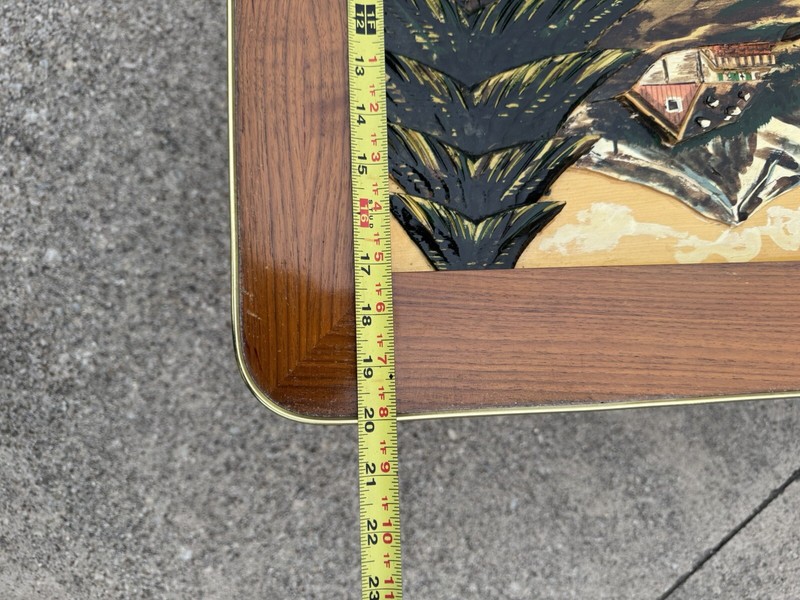 Mid-Century Modern Coffee Table w/ Black Forest Wood Carving Landscape Scene gallery