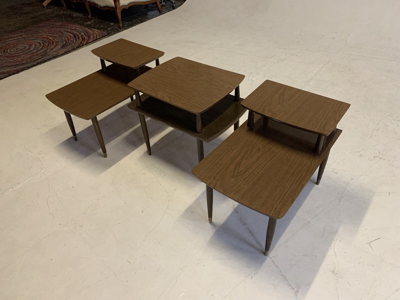 Mid Century Modern End Table Step Vintage 2 Tier Coffee Walnut Wood Tapered Legs gallery