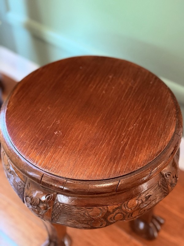Vintage Asian Dragon Carved Lion Foot Wood Side Table Plant Stand 12.75” Tall gallery