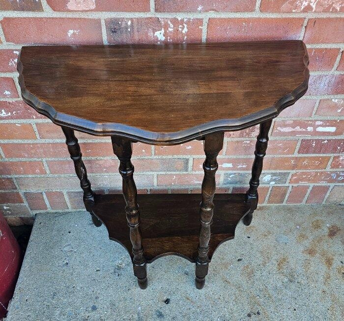 Vintage Half Moon End Table Plant Fern Stand Carved Solid Walnut Turned Wood Leg