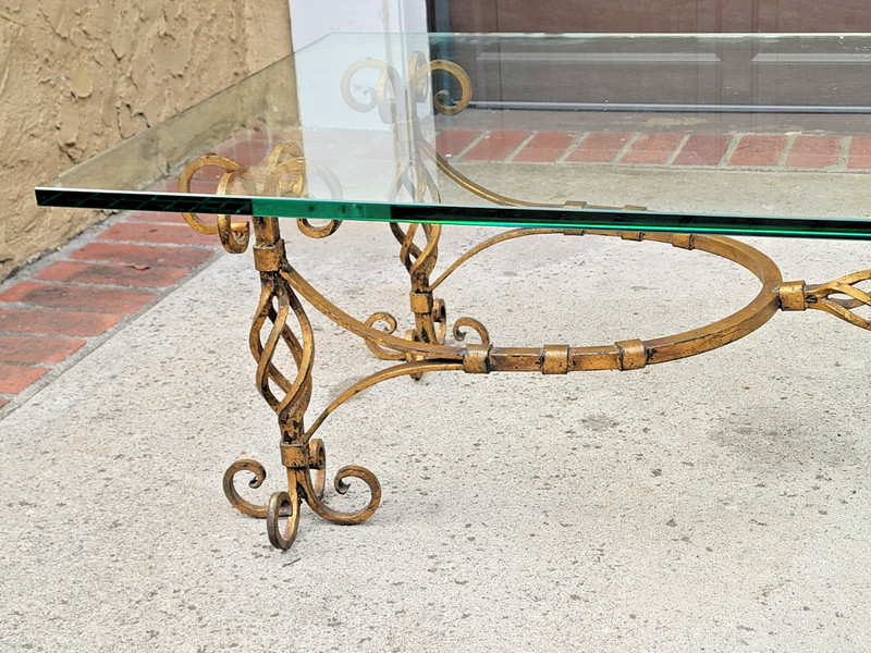 c.1950 Mid-Century Gilt Gold Wrought Iron & Glass Coffee Table Hollywood Regency gallery