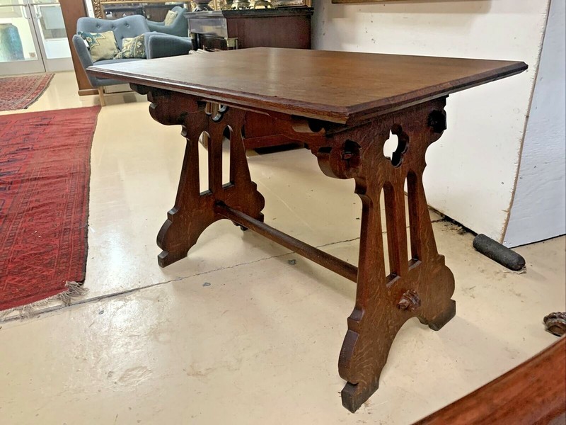 Antique French Solid Oak Gothic Ogee Writing Desk Table Bureau Plat Trestle gallery