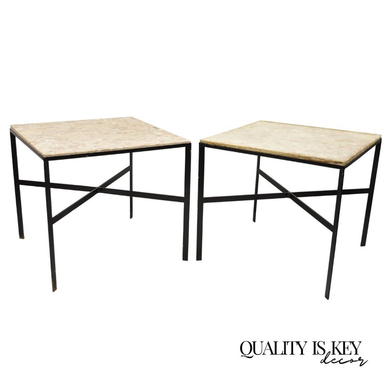 Vintage Paul McCobb Style Wrought Iron and Marble Square Side Tables – a Pair