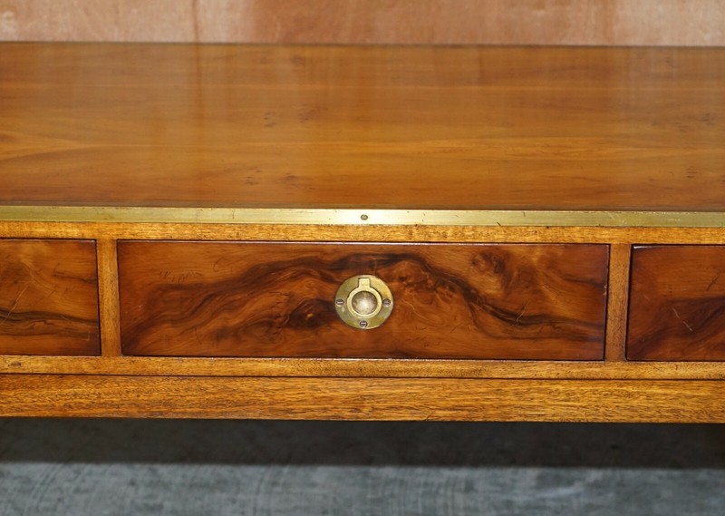 LOVELY RESTORED BURR WALNUT & BRASS MILITARY CAMPAIGN THREE DRAWER COFFEE TABLE gallery