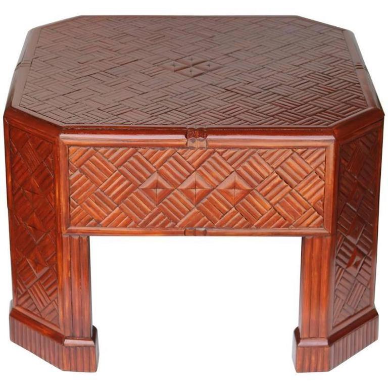 Mid-Century Lacquered Bamboo Cocktail Table with Diagonal Parquetry Inlay gallery