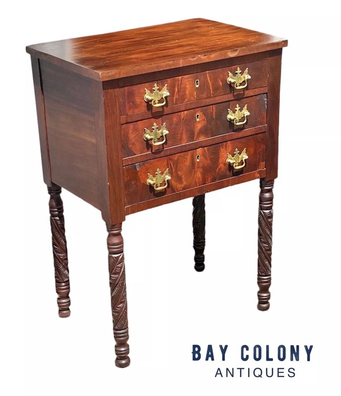 Antique Sheraton Mahogany Worktable / Sewing Stand with 3 Drawers & Carved Legs gallery