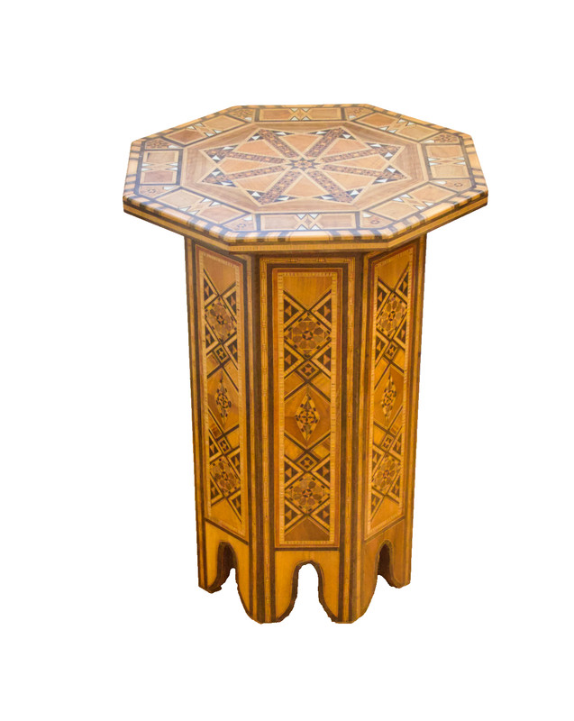 Vintage Moorish Style Wood Inlay & MOP Parquetry Octagon Side /End Table