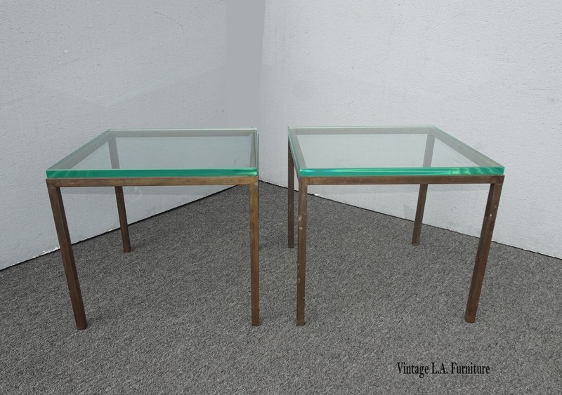 Vintage Modern Square Metal End Tables w Thick Glass ~ Nightstands