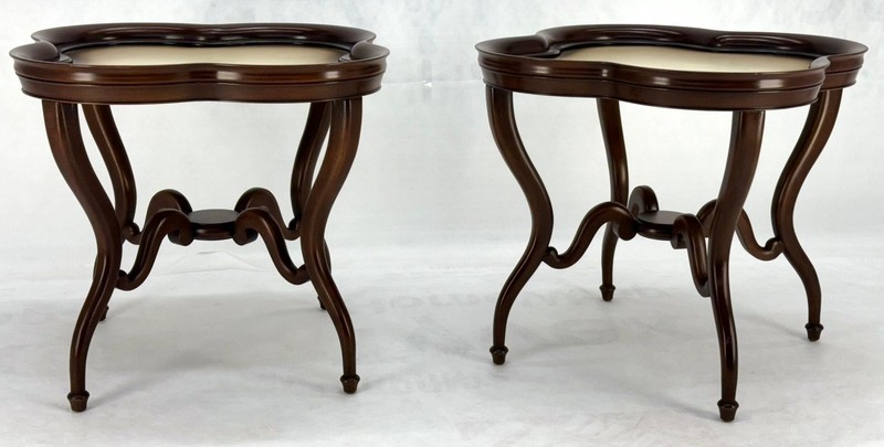 Pair Mahogany Clover Shape Light Cream Leather Top Lamp End Tables Stands MINT! gallery