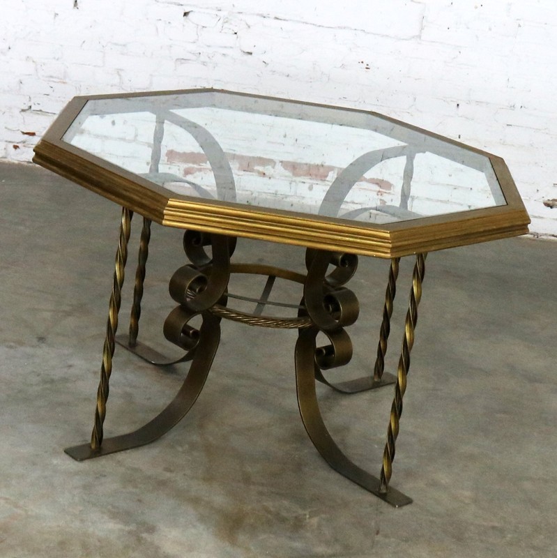 ON SALEHollywood Regency Wrought Iron Dining Table Octagon Gilt Wood & Glass Top