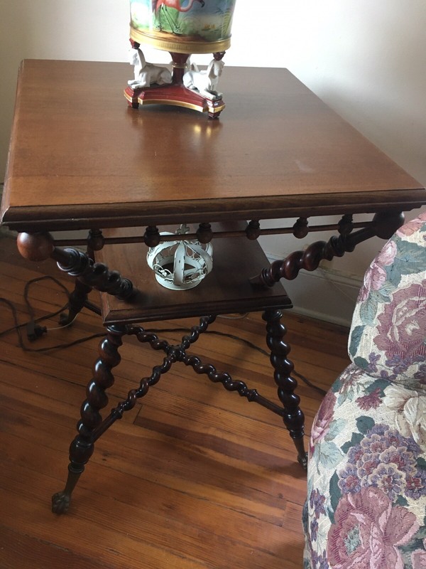 Antique High Victorian barley twist Ball In Claw Lamp Table cherry Wood Merklen