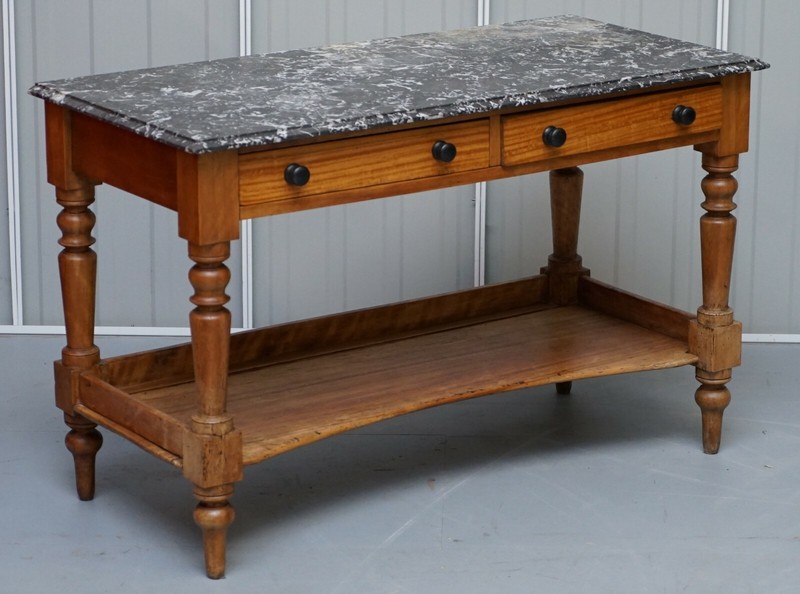 STUNNING VICTORIAN 1880 MARBLE TOPPED SATINWOOD CONSOLE OR WRITING TABLE DESK gallery