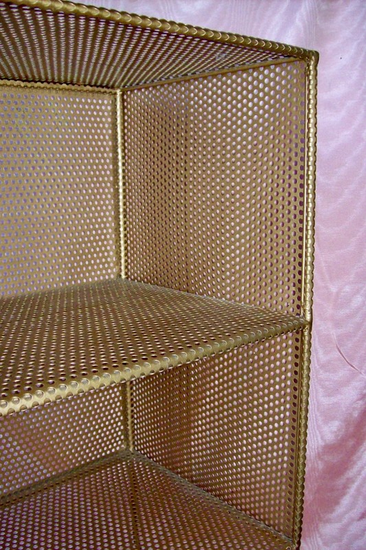 MID CENTURY MODERN PERFORATED HOLES GOLDTONE METAL END TABLE STAND w/ 2 SHELVES gallery