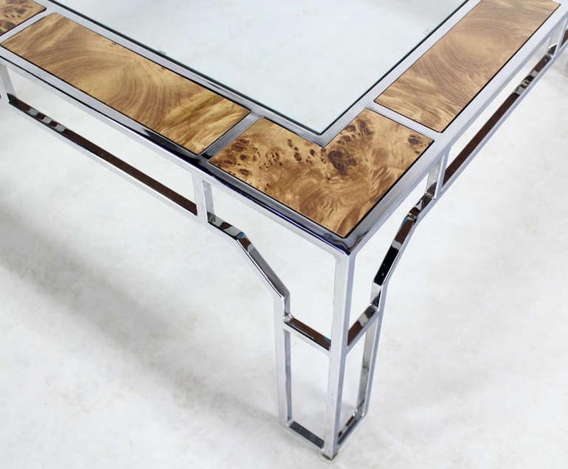 Mid Century Modern Chrome Glass Top Square Coffee Table w Burl Wood Inserts MINT gallery