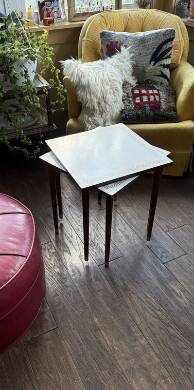 Vintage MCM nesting Stacking Tables Greek Key Design ARTEX 2 White /gold Accents gallery
