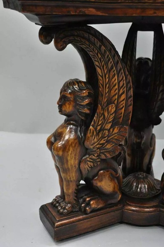Antique French Renaissance Figural Walnut Winged Sphinx Resin Top Side Table gallery