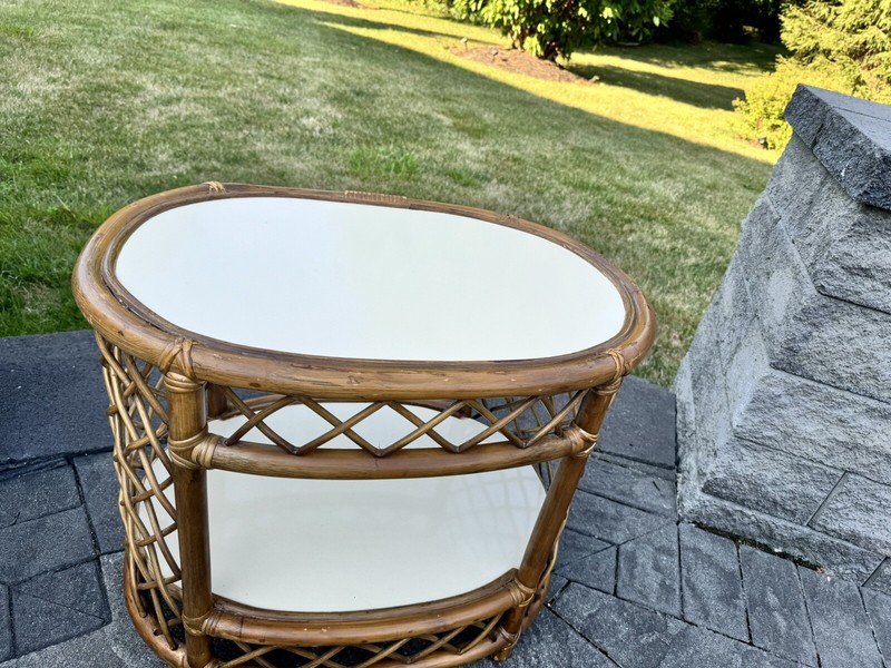 VTG MCM Bamboo Rattan 2 Tier Cocktail Coffee Table W/Formica Top L25xH22xW18” gallery