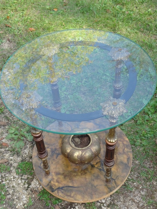 Pair Mid-Century Hollywood Regency Faux Italian Gold Tole Glass Top Tables gallery