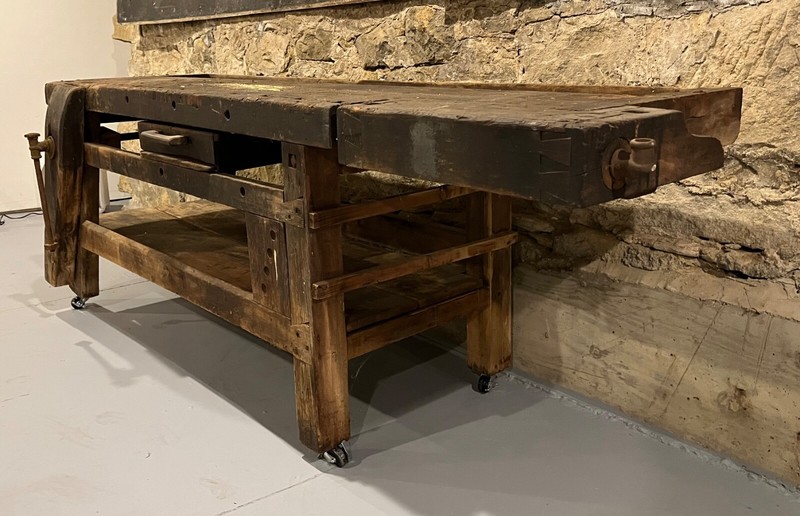 Large Antique Workbench Table With Drawer Wood Working Bench With Vise gallery
