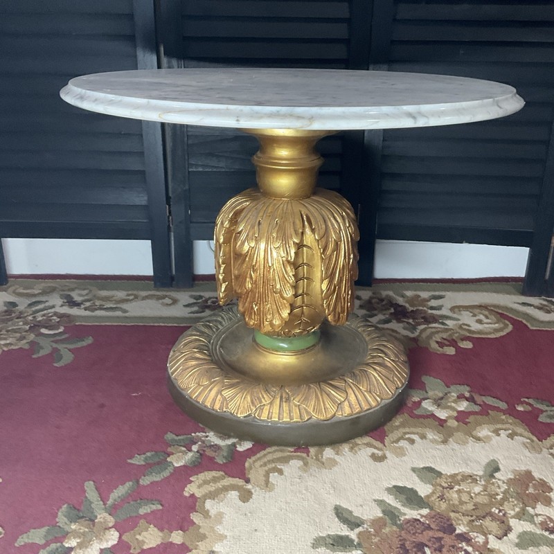 Marble Top Accent Table Gold Gilt Pedestal Base Hollywood Regency Side Neoclassi gallery