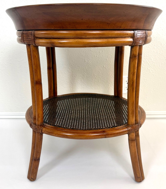 Palecek Wood and Rattan Woven Cane Leather Band Accent / Side Table gallery