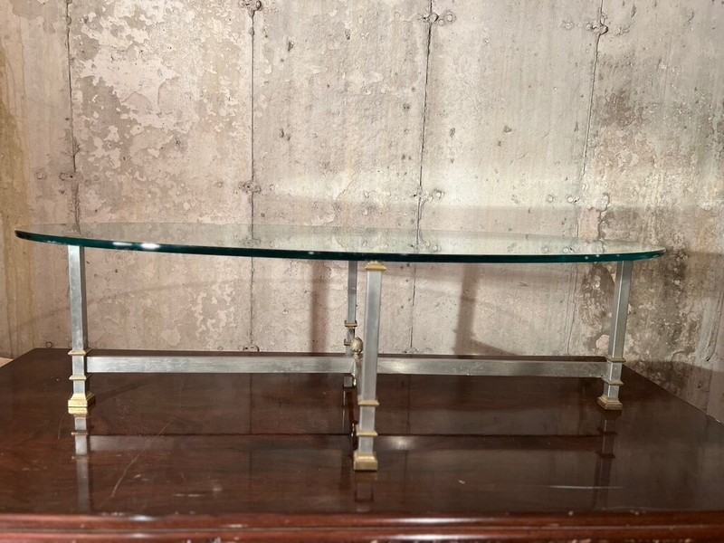 Maison Jansen Style Oval Iron And Brass Glass Top Coffee Table